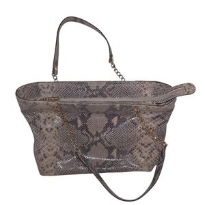 Michael Kors Snakeskin Embossed Leather Tote Bag Grey Gold Chain
